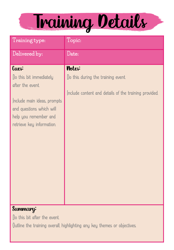 An image showing the Wildflower and Bone Teacher Planner example training notes page.