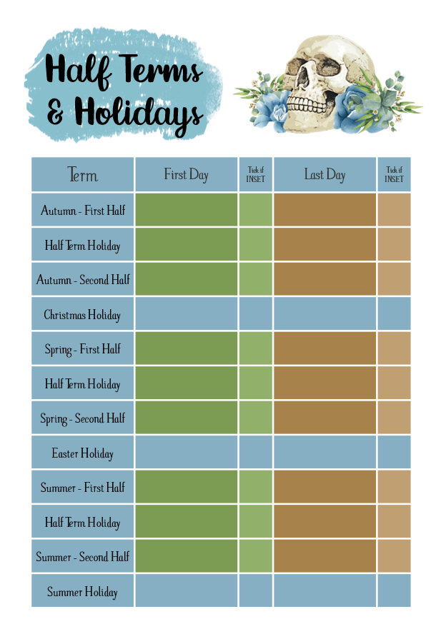 An image showing the Wildflower and Bone Teacher Planner half terms and holidays page.