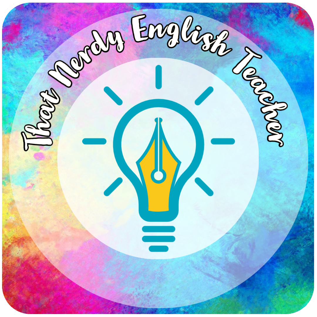 That Nerdy English Teacher Logo: a colourful background with a pen nib in a lightbulb